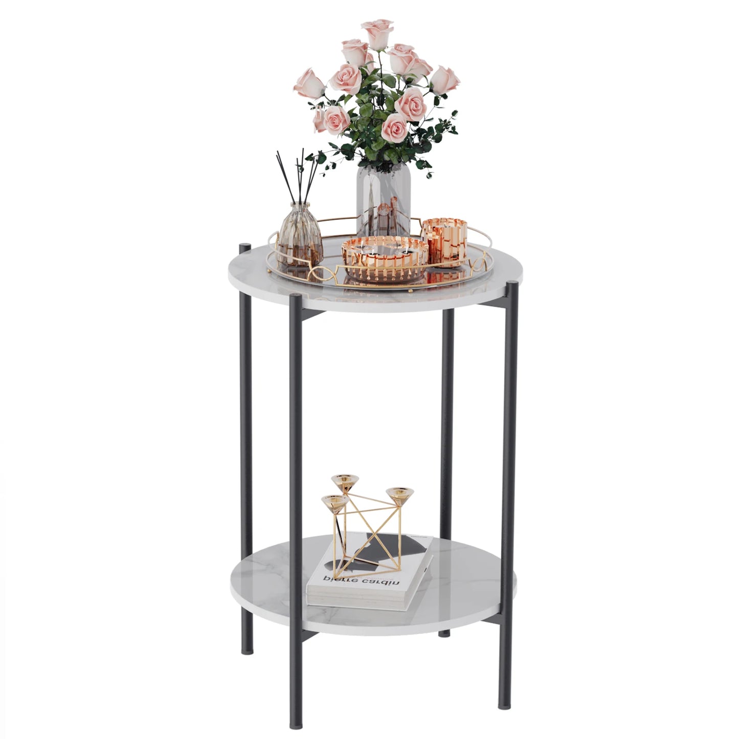 Wisfor Glossy Sintered Stone End Table With Black Metal Frame