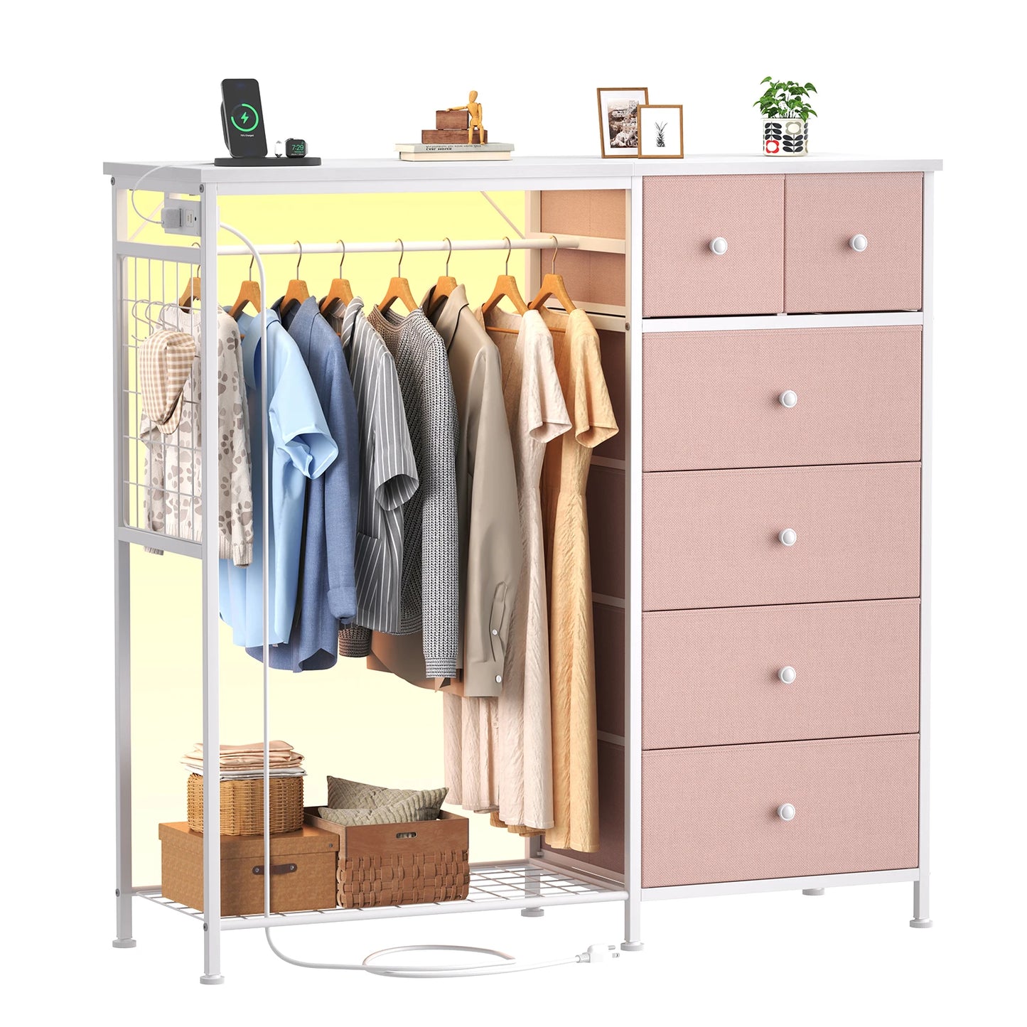 JHK Living Room Fabric Dresser With Hanging Rack And LED Lights