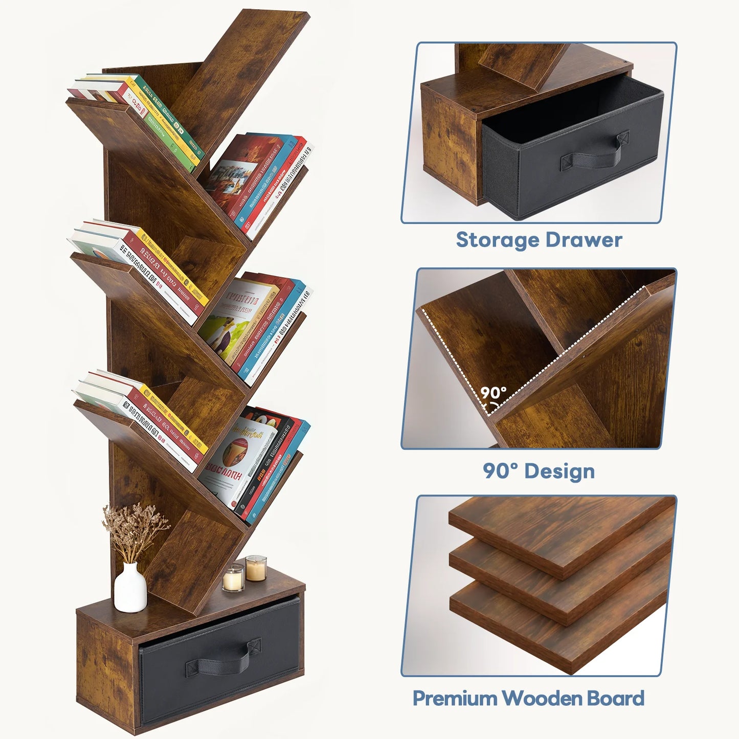 JHK Geometric 7 Tier Wooden Book Rack With Drawer Storage