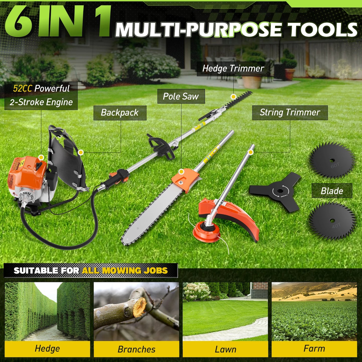 Gas Powered 6 In 1 Hedge Trimmer Garden Multi Tool