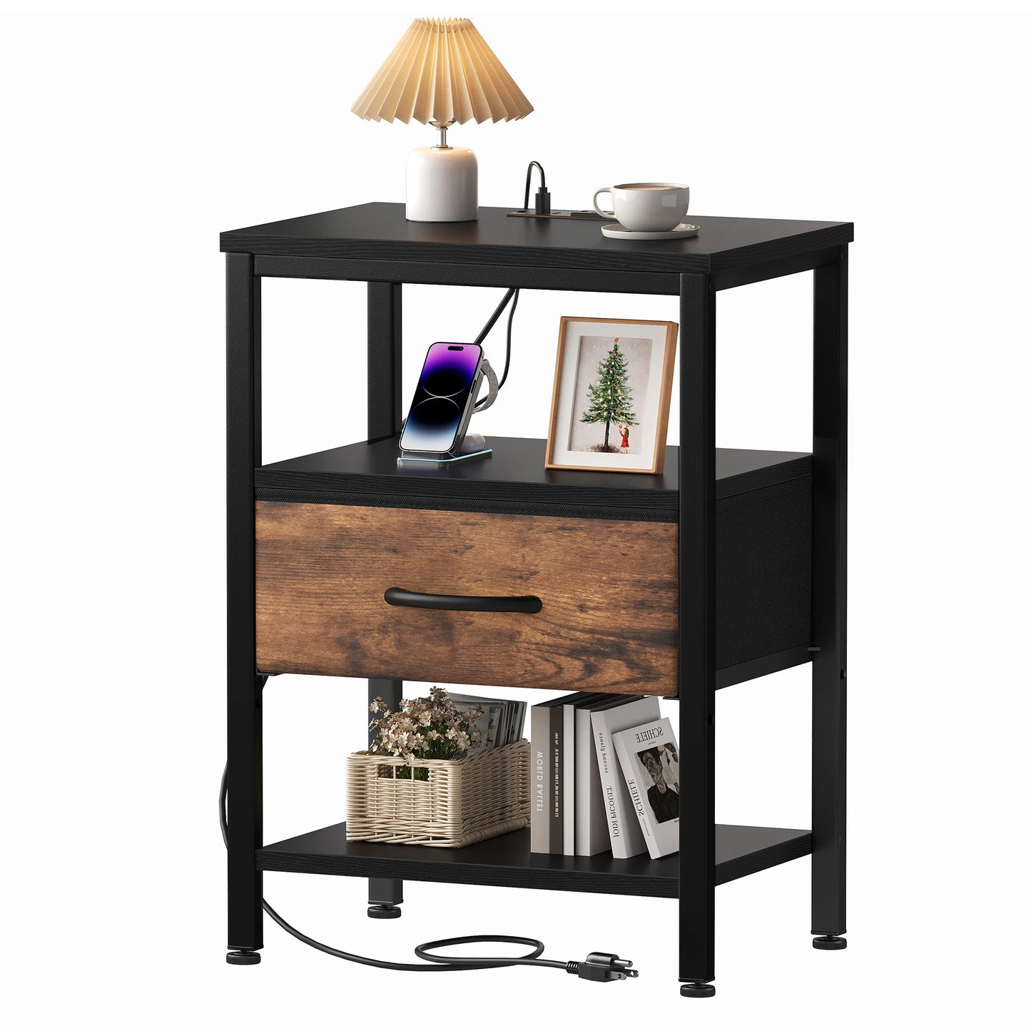MCQ Nightstand With LED Light Strip Fabric Drawers Charging Station