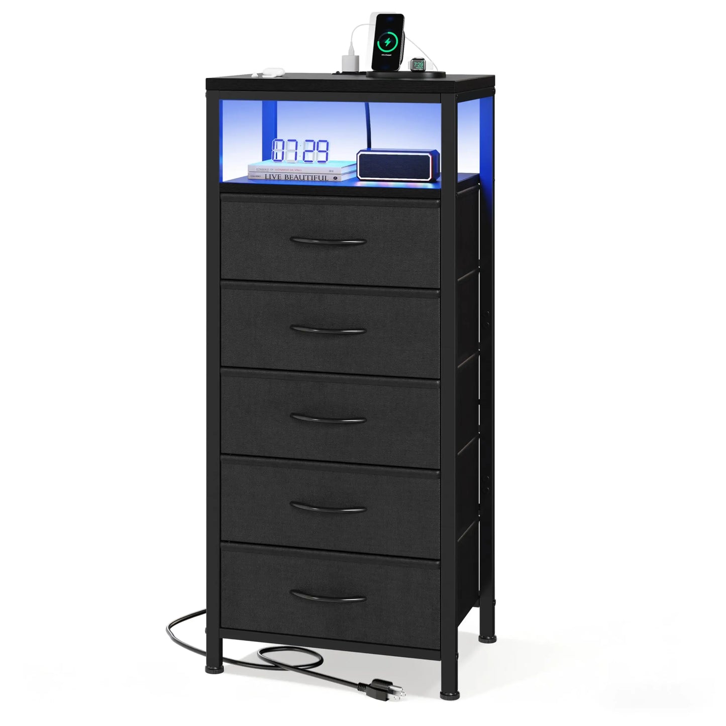 JHK 5 Drawer Fabric Dresser Nightstand With Charging Station