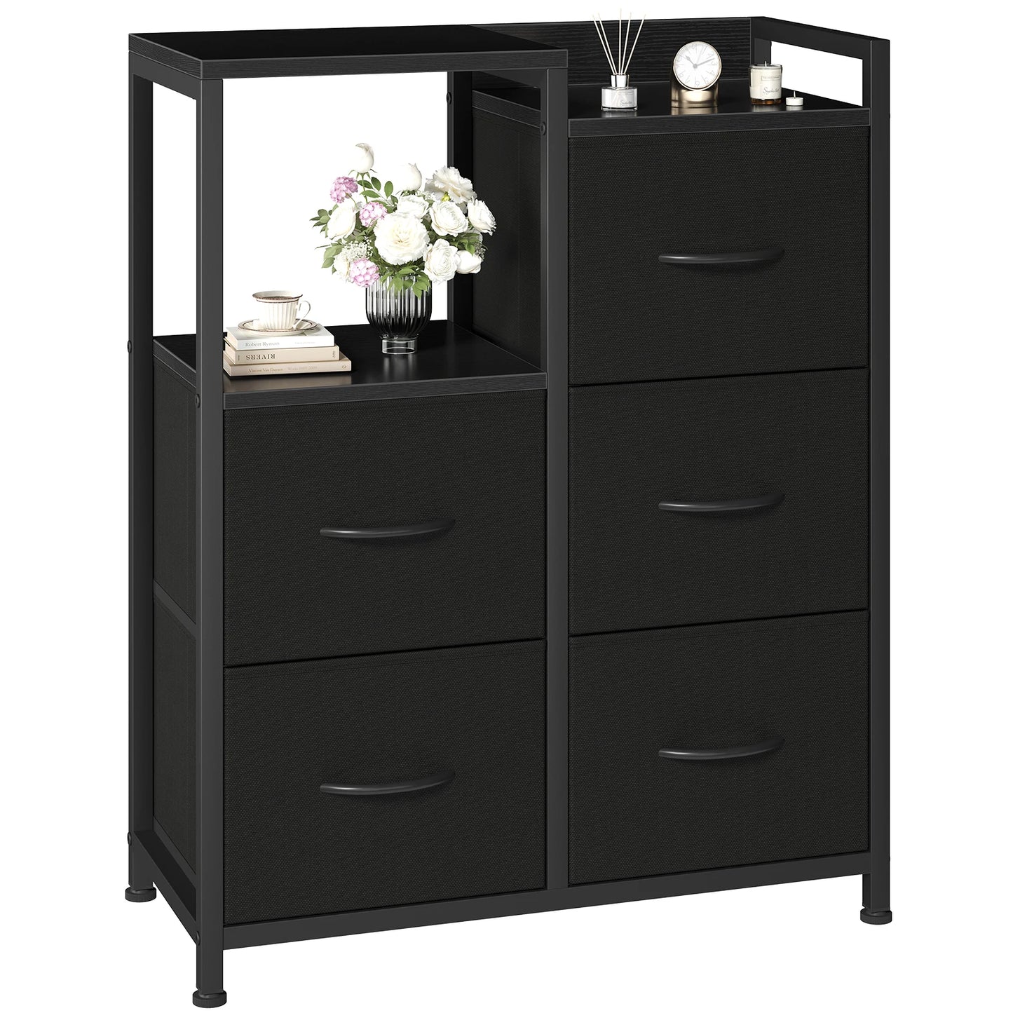JHK 5 Fabric Drawer Chest With Raised Shelf Metal Frame