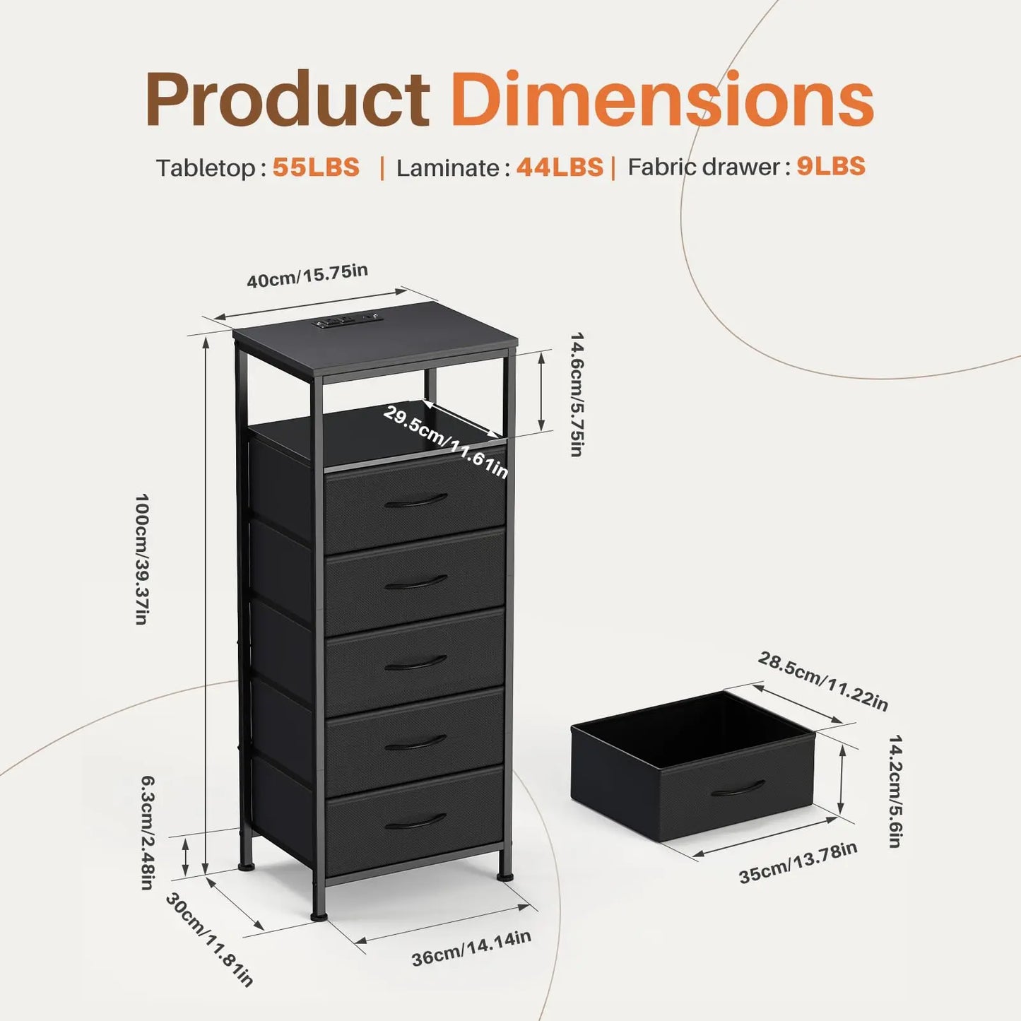 JHK 5 Drawer Fabric Dresser Nightstand With Charging Station