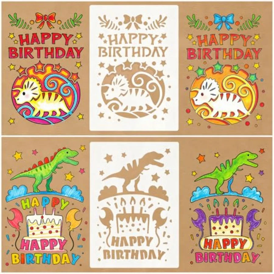 Happy Birthday Stencil Set 4 Pcs for Painting on Plastic Dinosaur Theme