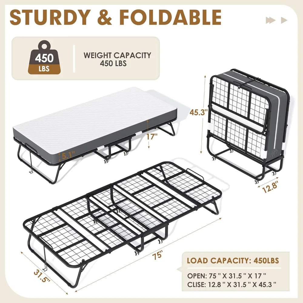 Folding Bed With Memory Foam Mattress Rollaway Guest Bed