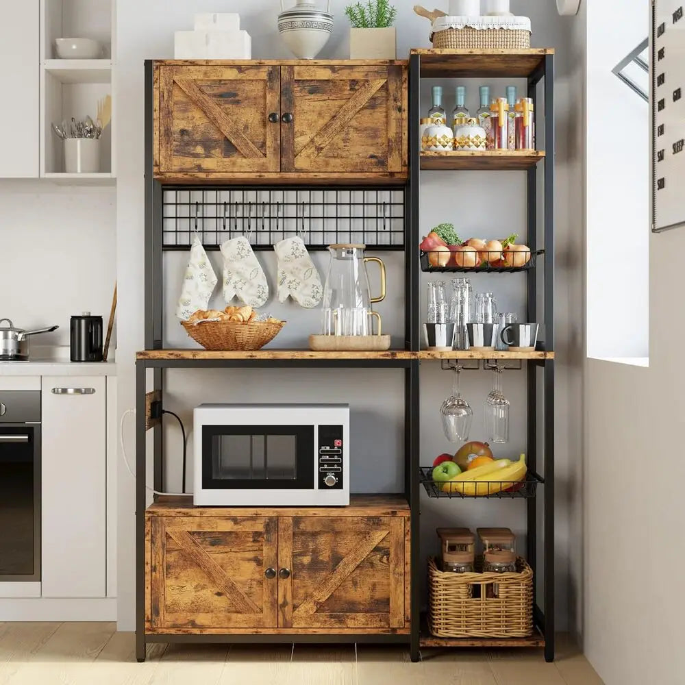 IRONCK Bakers Rack With 2 Storage Cabinets And Power Outlet