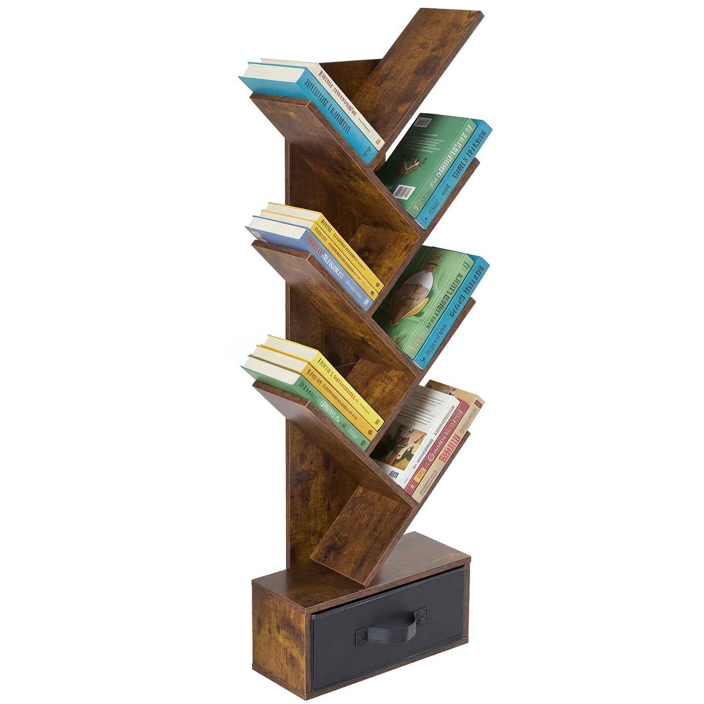 JHK Geometric 7 Tier Wooden Book Rack With Drawer Storage