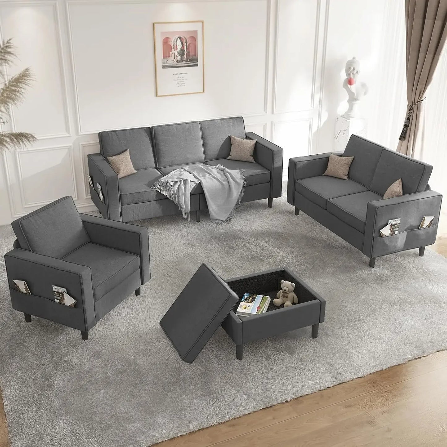 Sectional L Shaped Sofa Set 3Plus2Plus1Ottoman Living Room Furniture