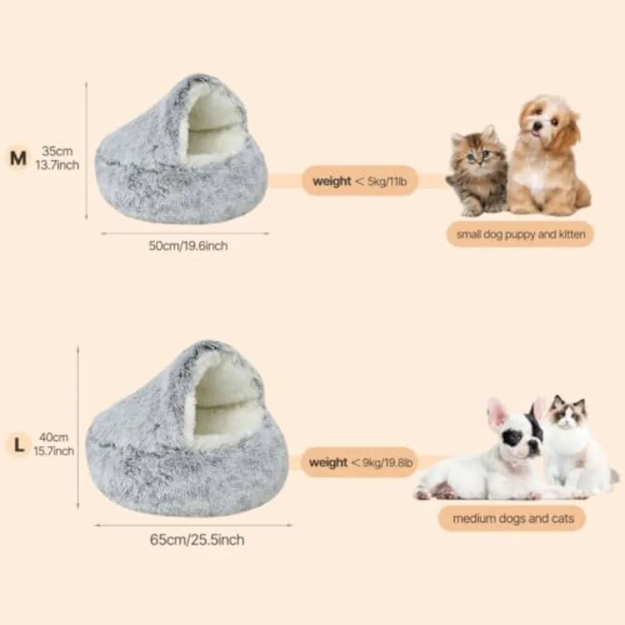 Hooded Cat Cave Bed For Small Pets, Plush Fur Nest