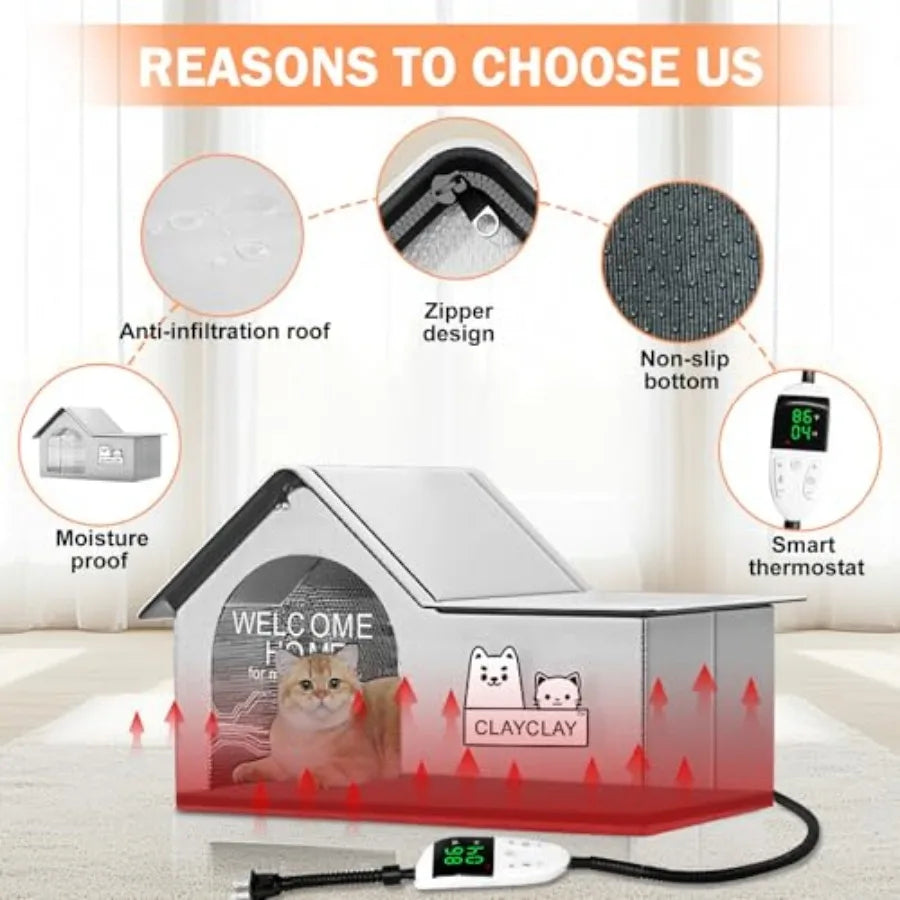 Heated Cat House For Pets Winter Shelter With Heating Pad