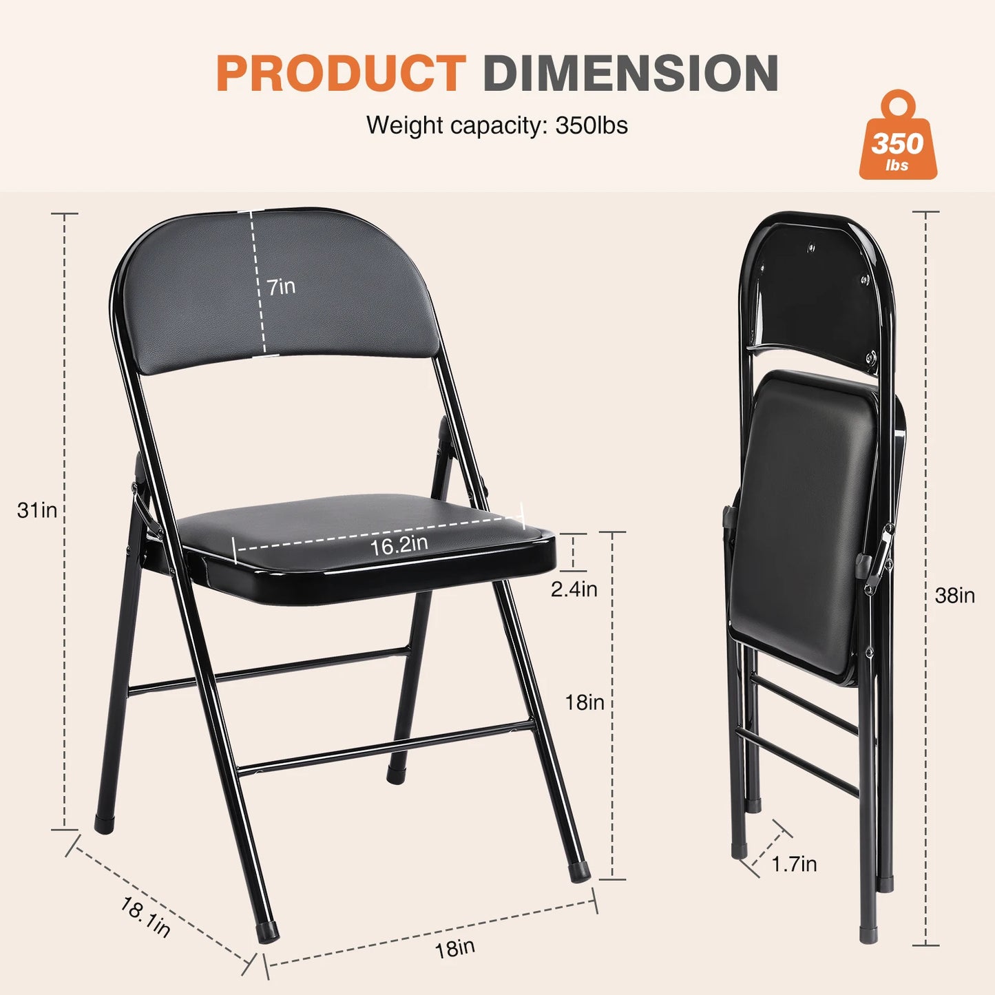 JHK Leather Padded Folding Chairs Set 4 Pack Sturdy Metal