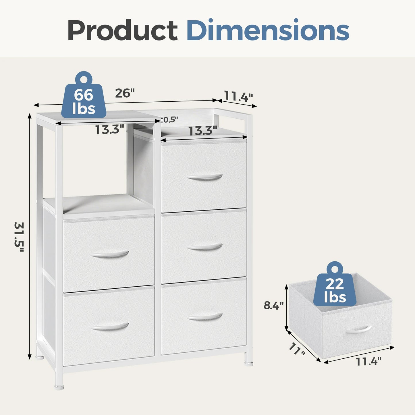 JHK 5 Fabric Drawer Chest With Raised Shelf Metal Frame