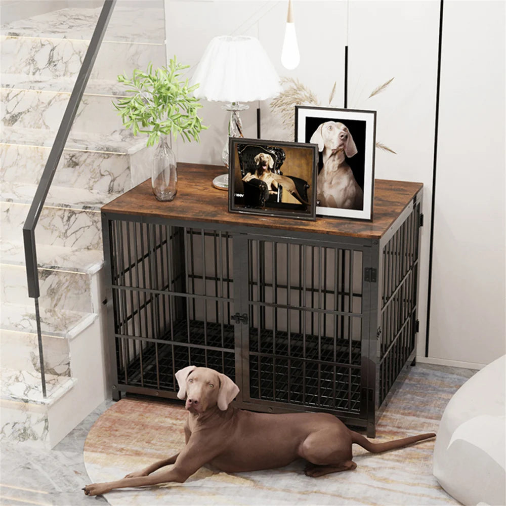 BORWART Wooden Dog Crate End Table With 3 Doors Tray