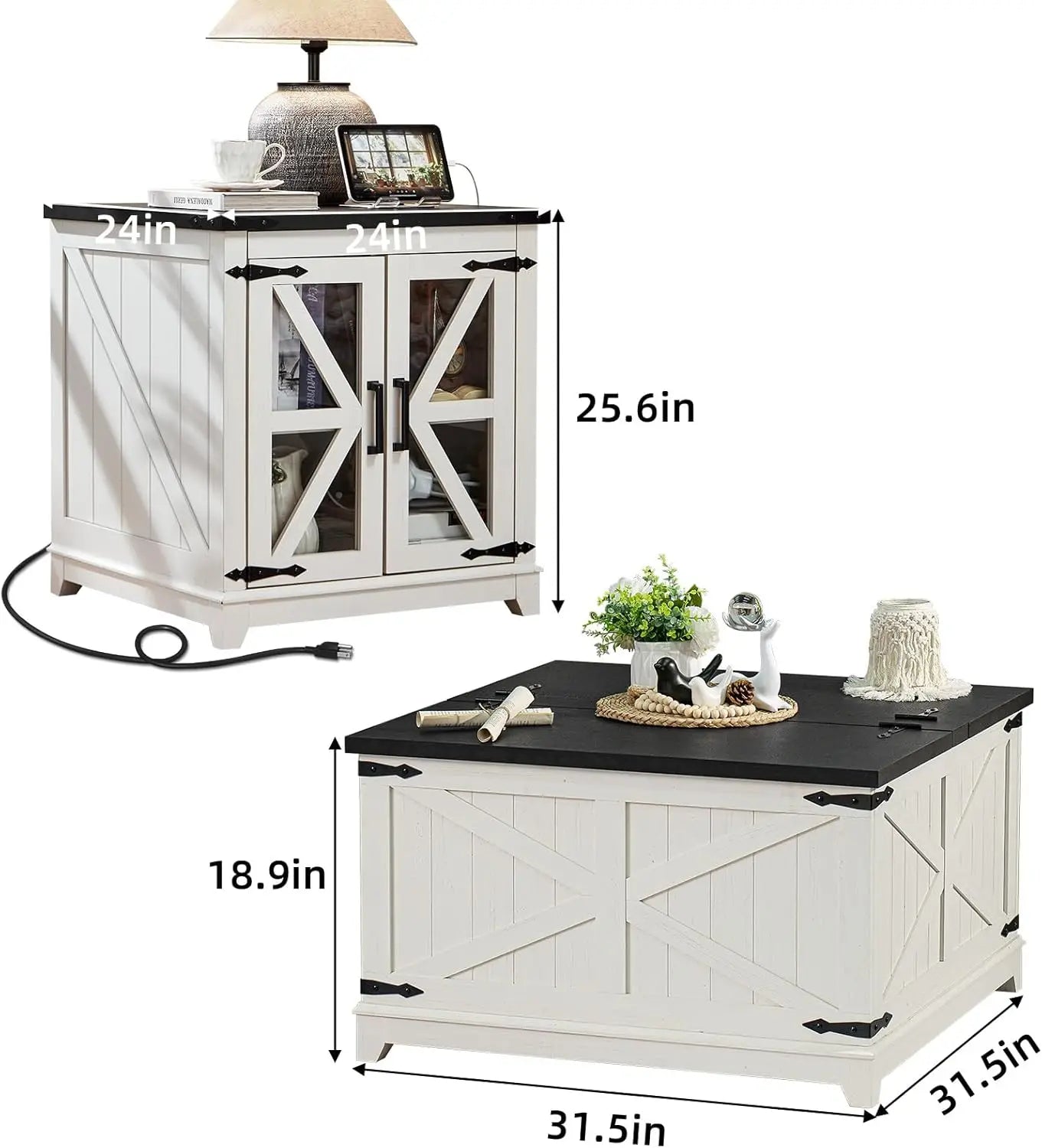 Farmhouse Wood Coffee Table Set 3 Pieces With Charging Station