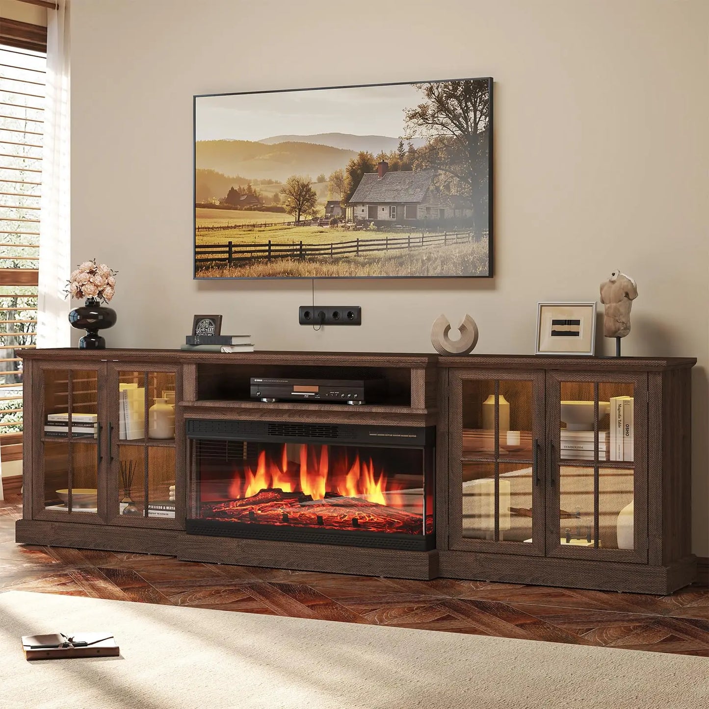 Farmhouse TV Stand With Electric Fireplace Media Console And Shelves