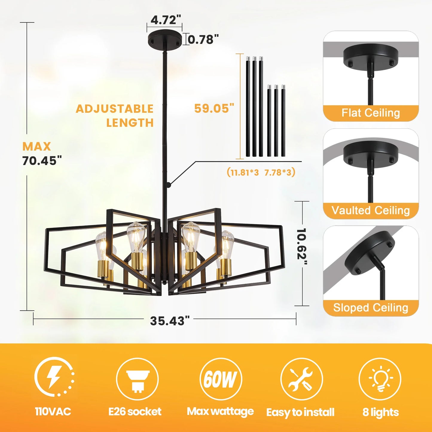 Modern 8-Light Geometric Chandelier With Adjustable Height Metal Pendant