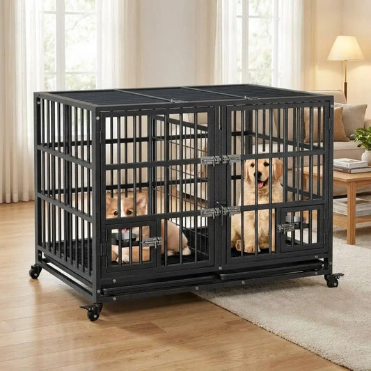 HiMISS Metal Dog Crate With Divider Removable Tray And Wheels