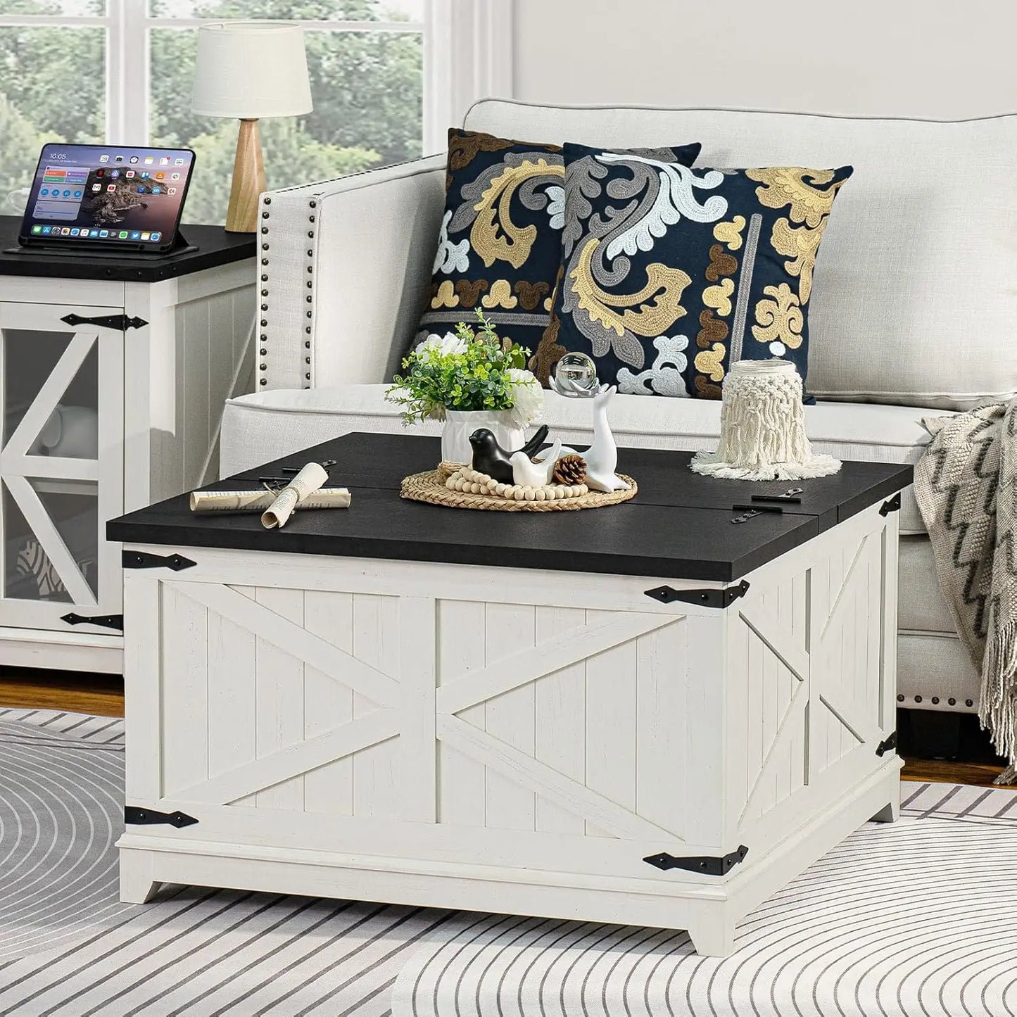 Farmhouse Wood Coffee Table Set 3 Pieces With Charging Station