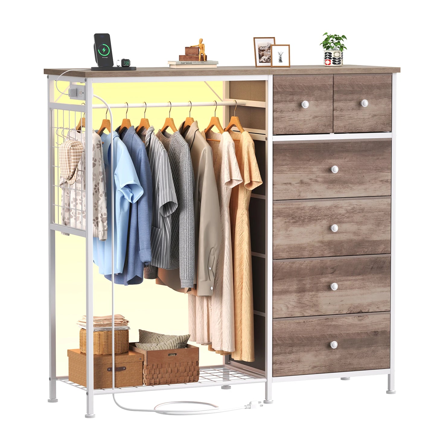 JHK Living Room Fabric Dresser With Hanging Rack And LED Lights