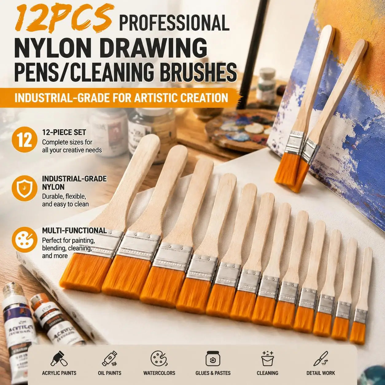 STONEGO 12Pcs Nylon Hair Artist Paint Brushes Set For Acrylics And Watercolors