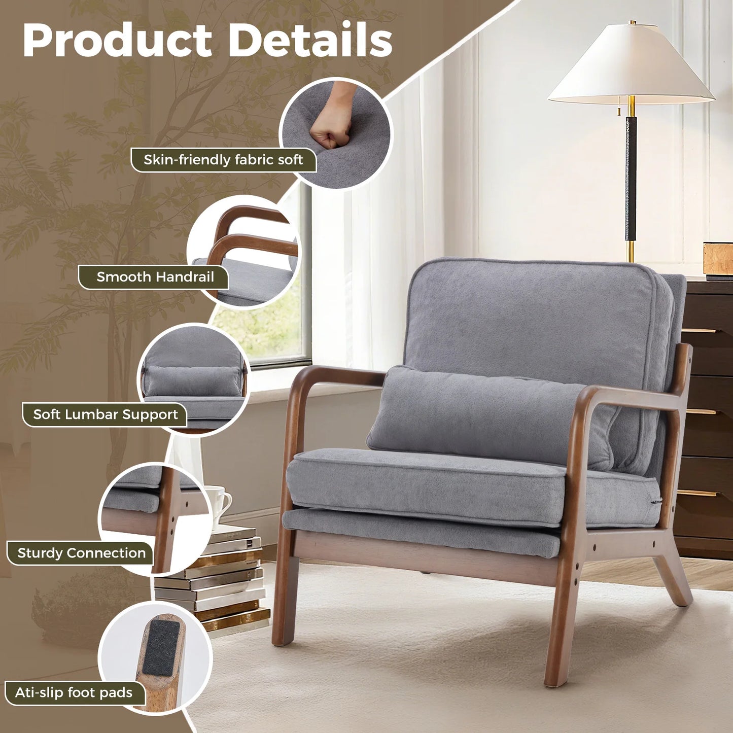 JHK Mid Century Modern Wooden Frame Chair With Armrests