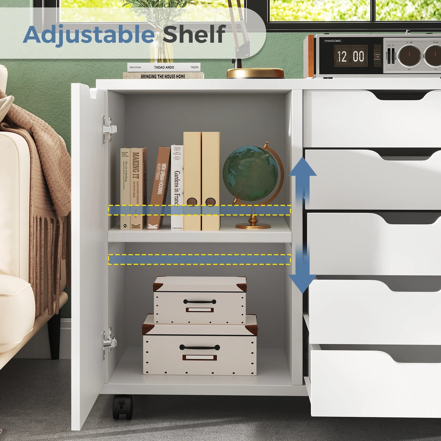 JHK Wood 5-Drawer Rolling File Cabinet With Shelves and Door