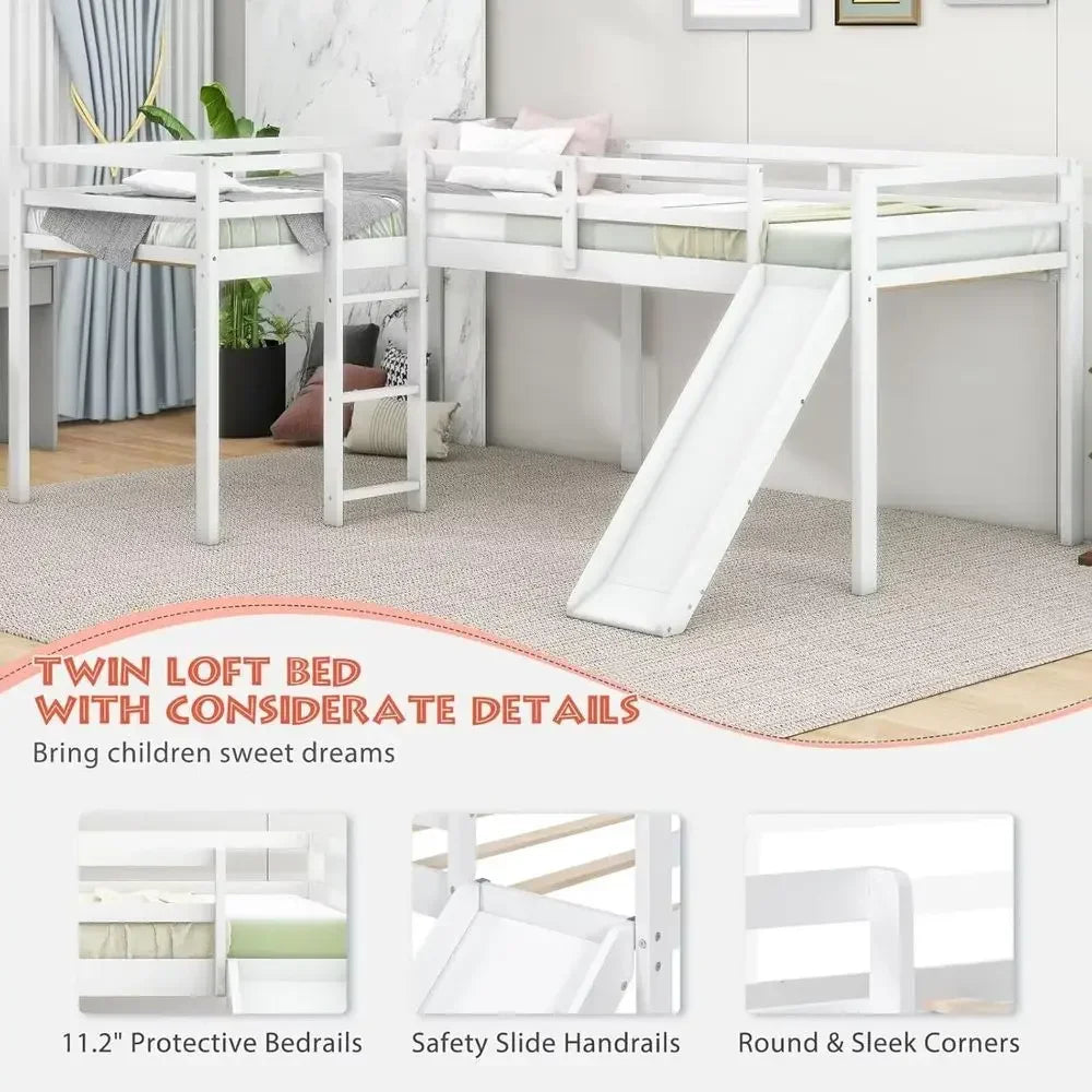 Wooden L Shaped Bed With Slide Ladder Guardrail For Family Use
