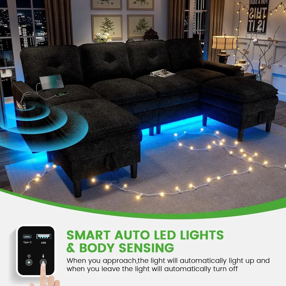 LISM Sectional Couch With Charging Station And Storage Ottoman