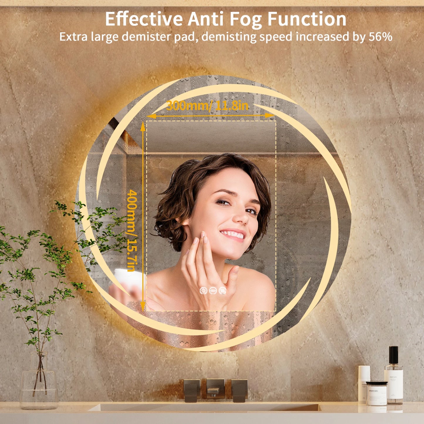 LED Anti-Fog Circular Bathroom Mirror With Backlit 3-Color Lights