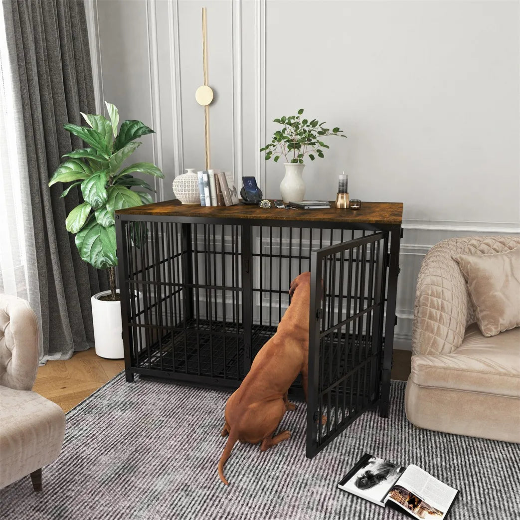 BORWART Wooden Dog Crate End Table With 3 Doors Tray