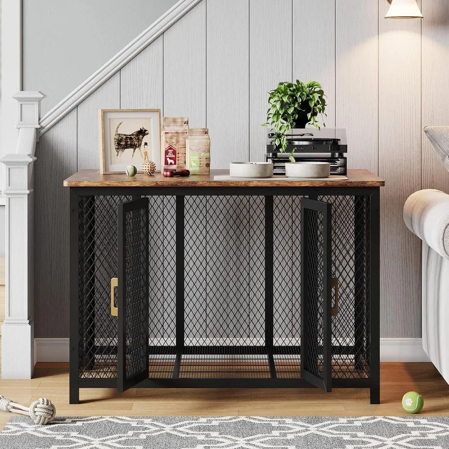 HiMISS Wooden Dog Crate Furniture With Wire Floor And Double Doors
