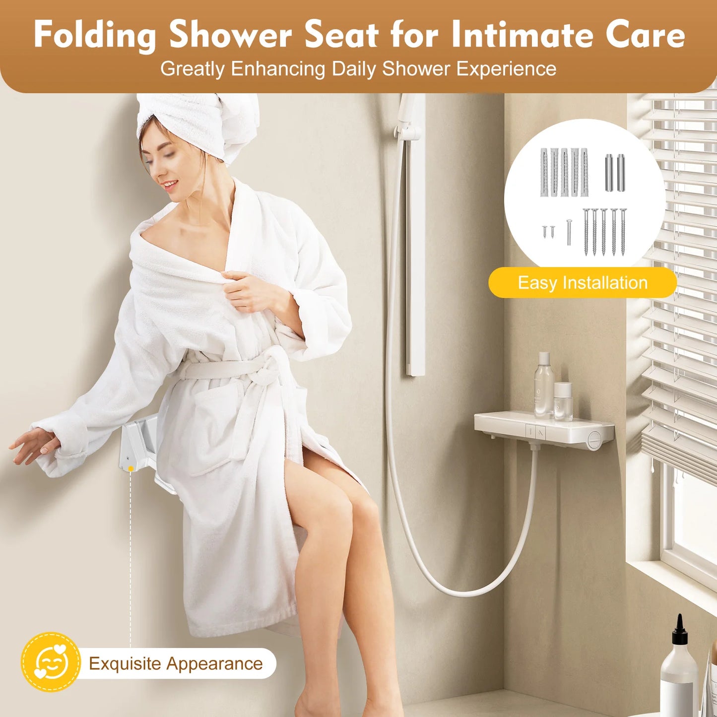 90 Degree Folding Shower Seat Wall Mounted Aluminum Bench