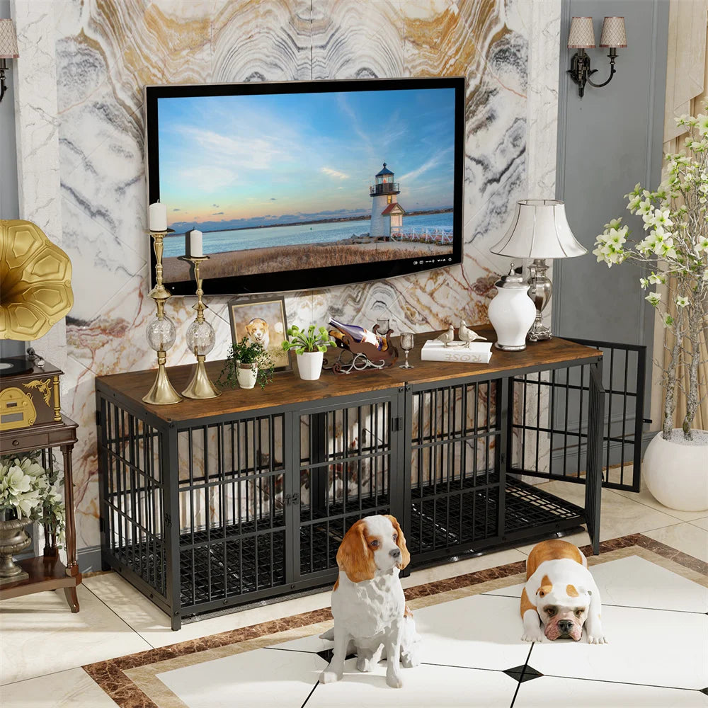 BORWART Wooden Dog Crate End Table With 3 Doors Tray