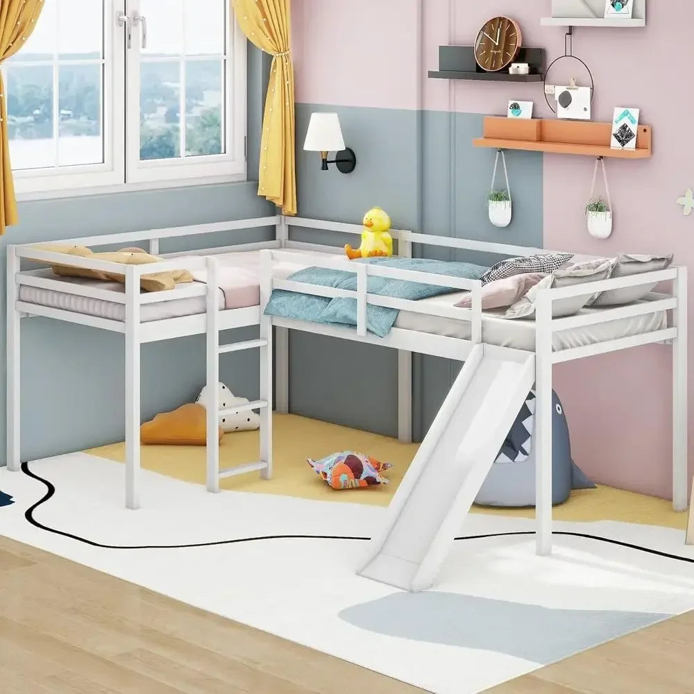 Wooden L Shaped Bed With Slide Ladder Guardrail For Family Use
