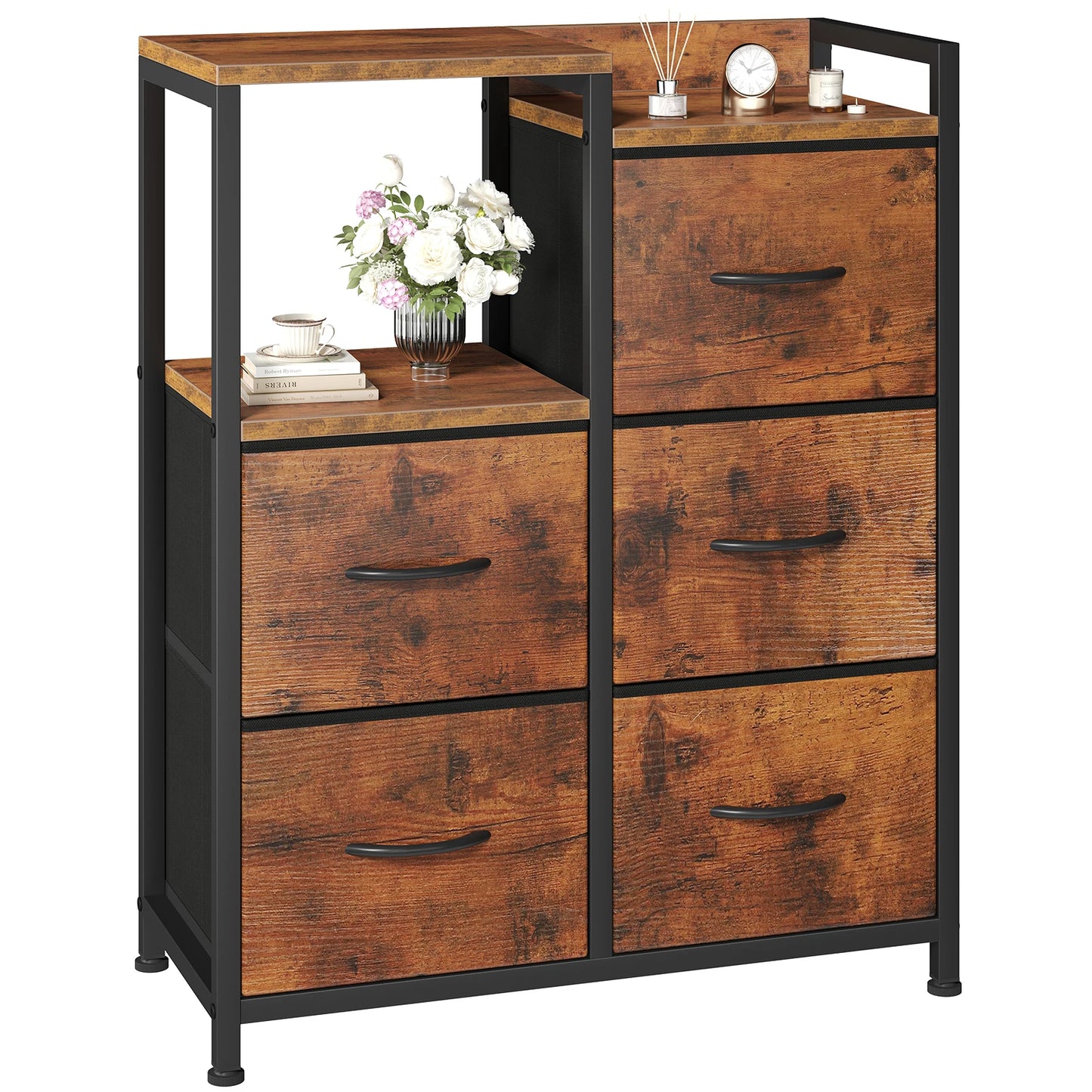 JHK 5 Fabric Drawer Chest With Raised Shelf Metal Frame