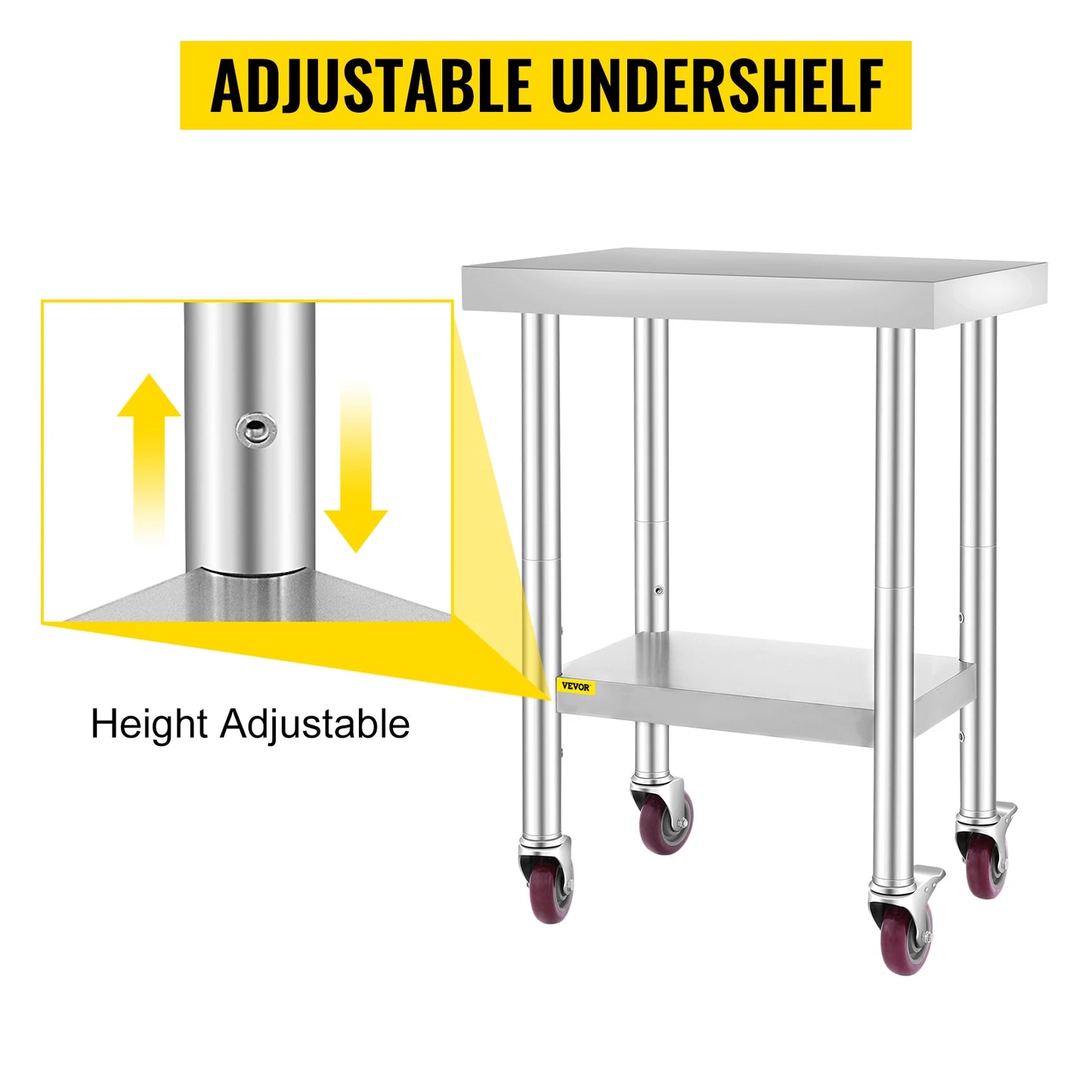SucceBuy Stainless Steel Kitchen Work Table Adjustable Shelf Caster Wheels