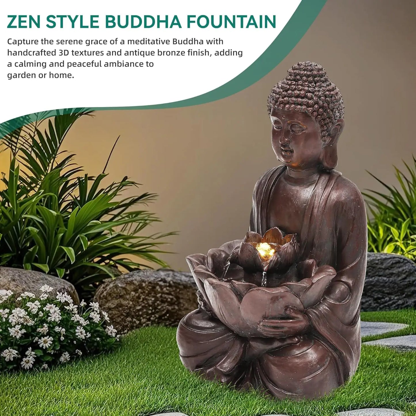 Buddha Outdoor Water Fountain Zen Style Garden With LED Lights