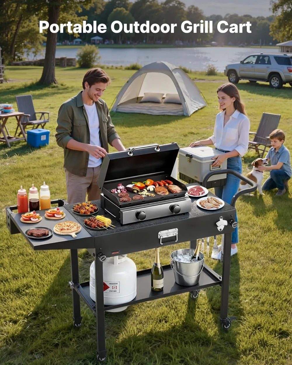 Outdoor Grill Cart With Wheels Foldable Table Tissue Holder Hooks