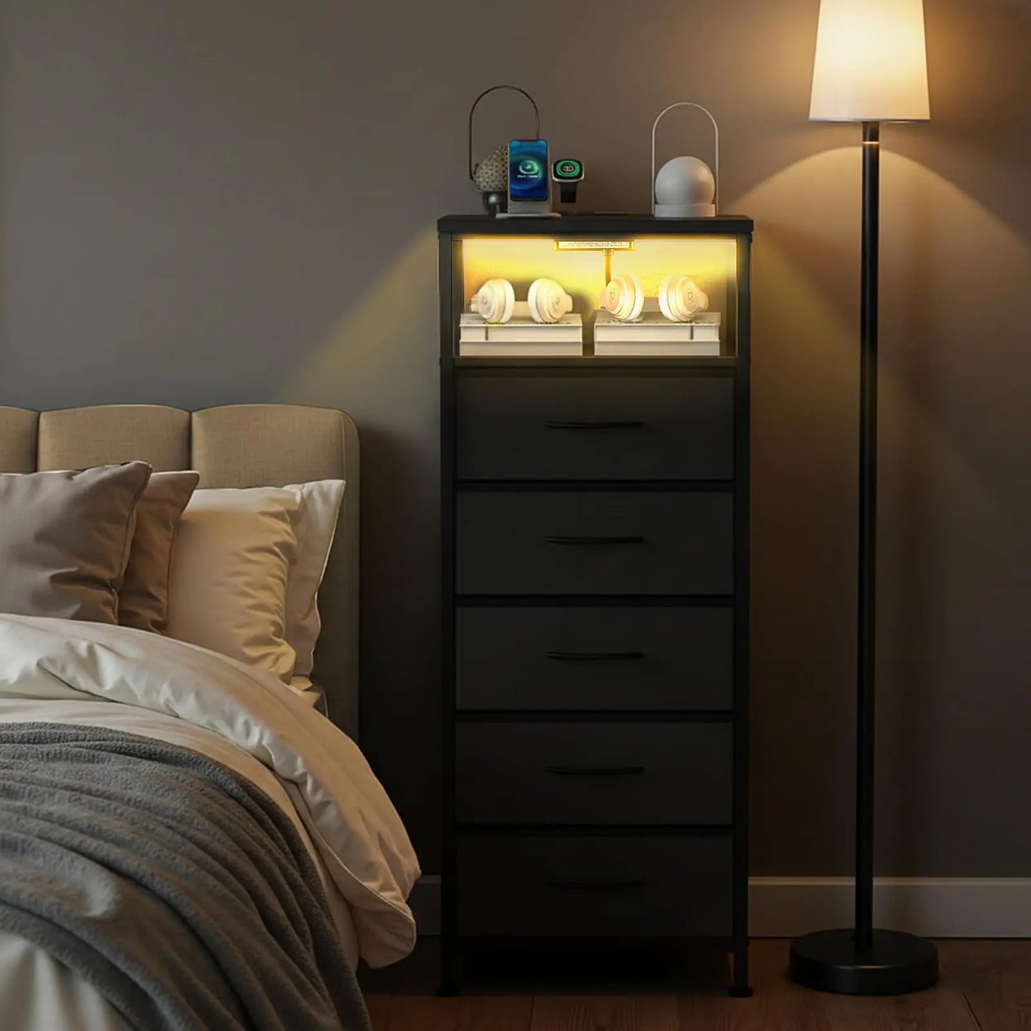 JHK 5 Drawer Fabric Dresser Nightstand With Charging Station