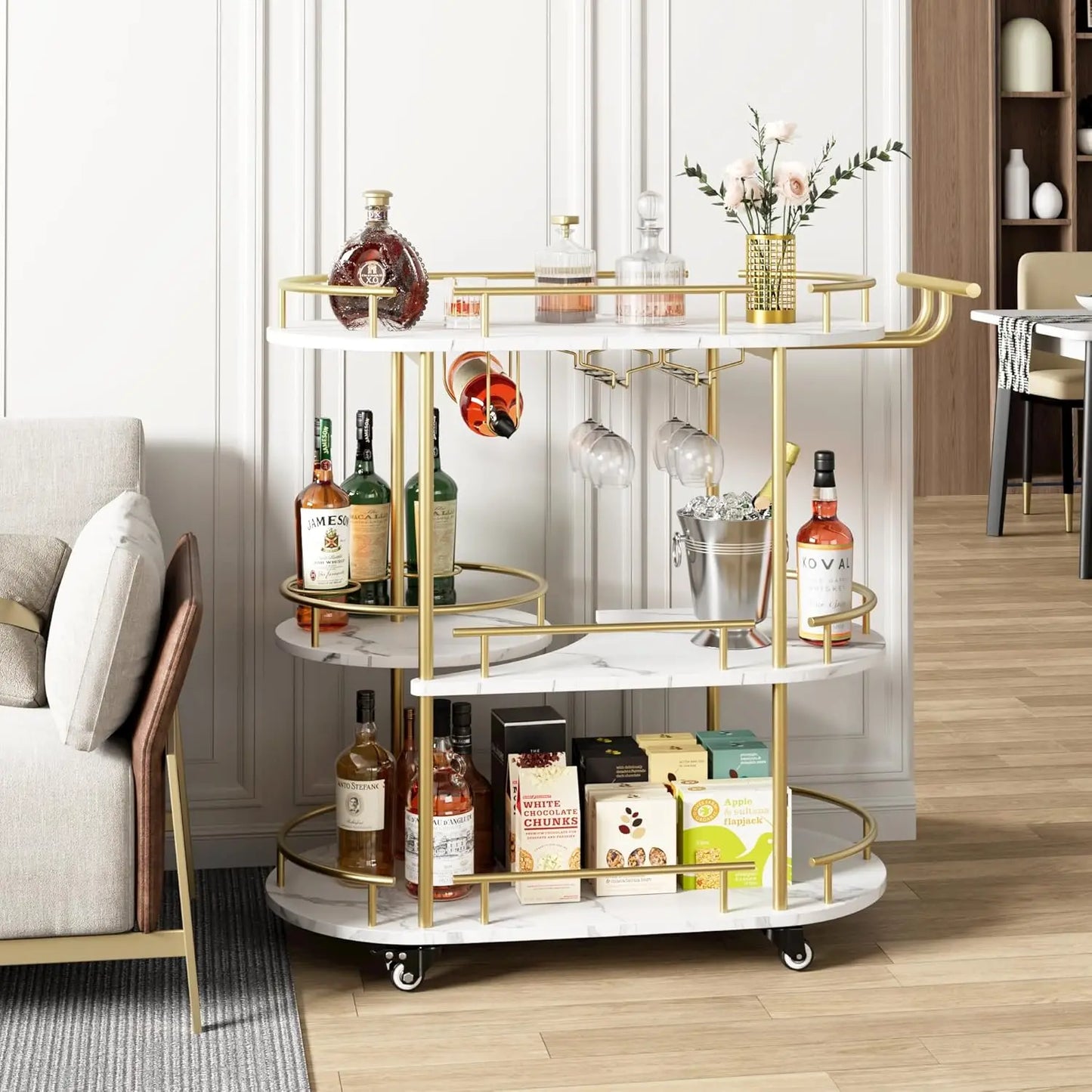 HobbyLane Bar Cart With 4-Tier Shelves On Wheels Wine Rack Glass Holder