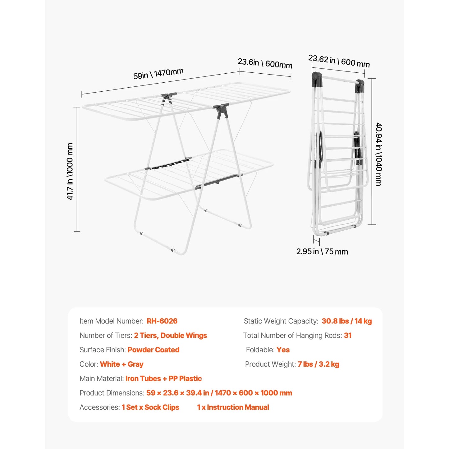 Foldable Iron Clothes Drying Rack With Sock Clips Indoor