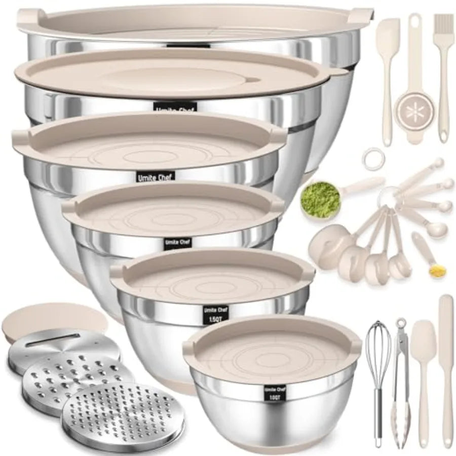 Heavy-Duty Stainless Steel Mixing Bowl Set With Lids And Grater