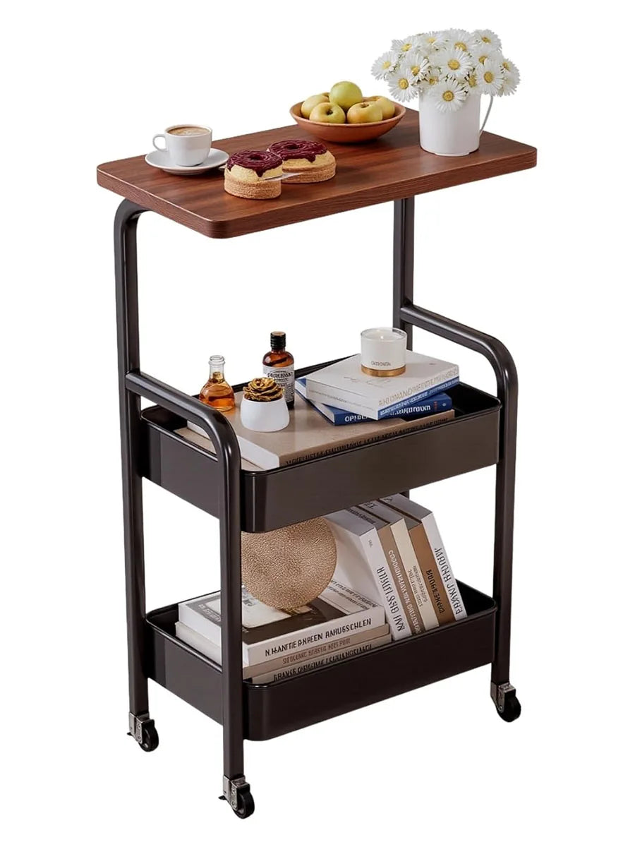 Three-Tier Metal Rolling Storage Cart With Walnut Wood Top Lockable Wheels