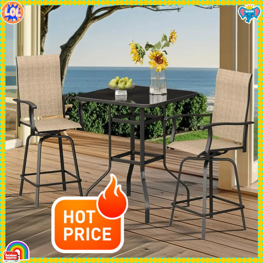 3-Piece Textilene All-Weather Patio Bar Set With Swivel Stools And Glass Table