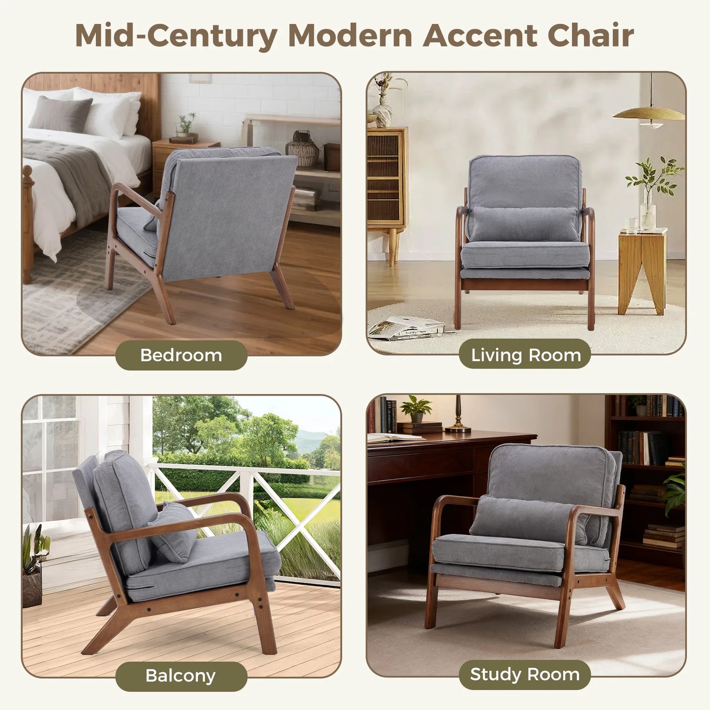 JHK Mid Century Modern Wooden Frame Chair With Armrests