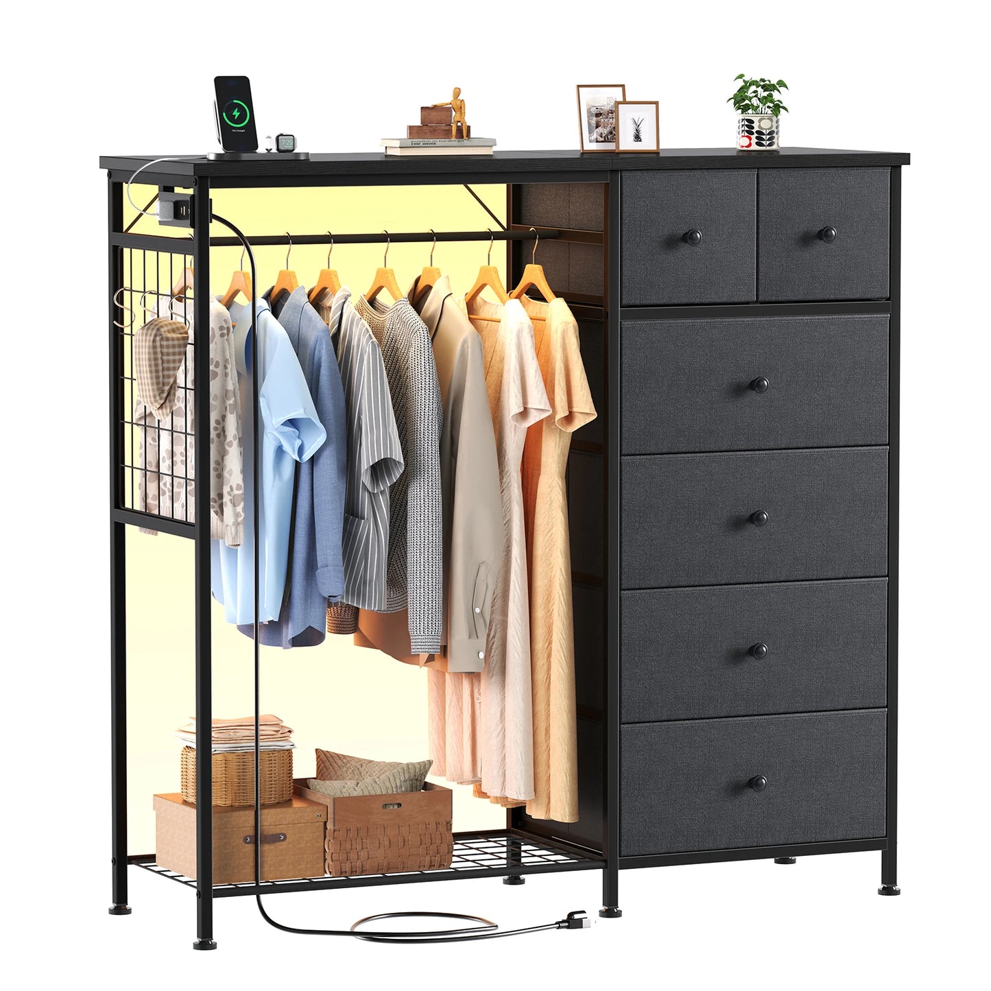 JHK Living Room Fabric Dresser With Hanging Rack And LED Lights