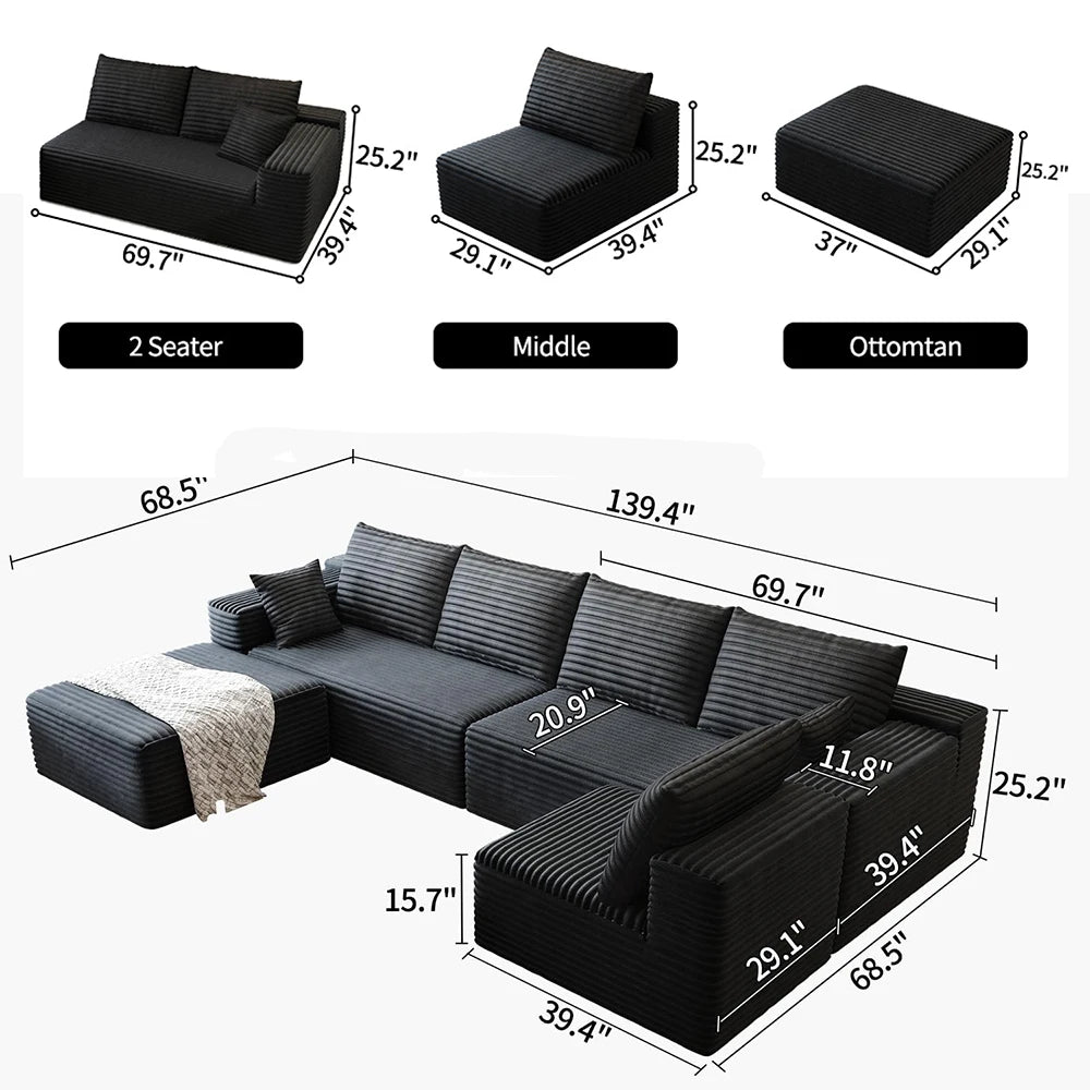 YQXH Cloud Style Corduroy Sectional Sofa With Memory Foam Cushions
