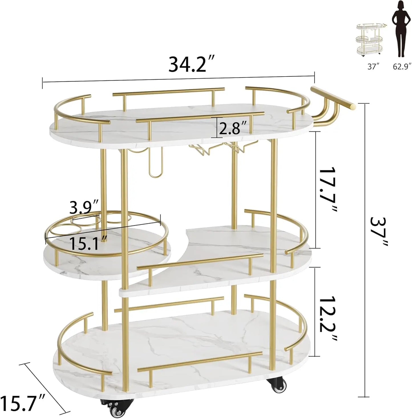 HobbyLane Bar Cart With 4-Tier Shelves On Wheels Wine Rack Glass Holder