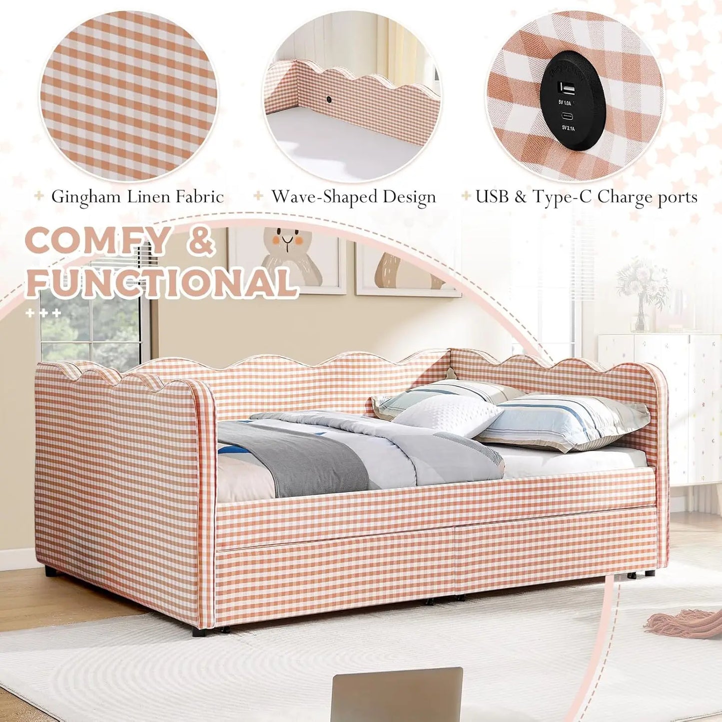 Wave Upholstered Storage Daybed Drawers USB Ports Modern Sofa Bed